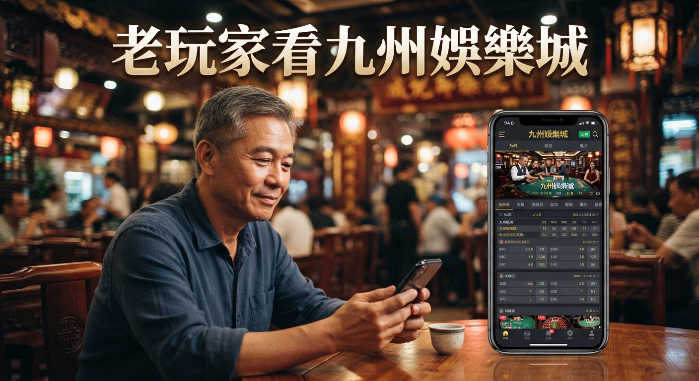 這是一張以「老玩家看九州娛樂城」為主題的圖片,描繪了一位經驗豐富的中年玩家正在傳統風格的茶館裡專注地使用手機瀏覽娛樂城平台。畫面中清晰呈現了主題文字,展現出資深玩家的沉穩與休閒氛圍。