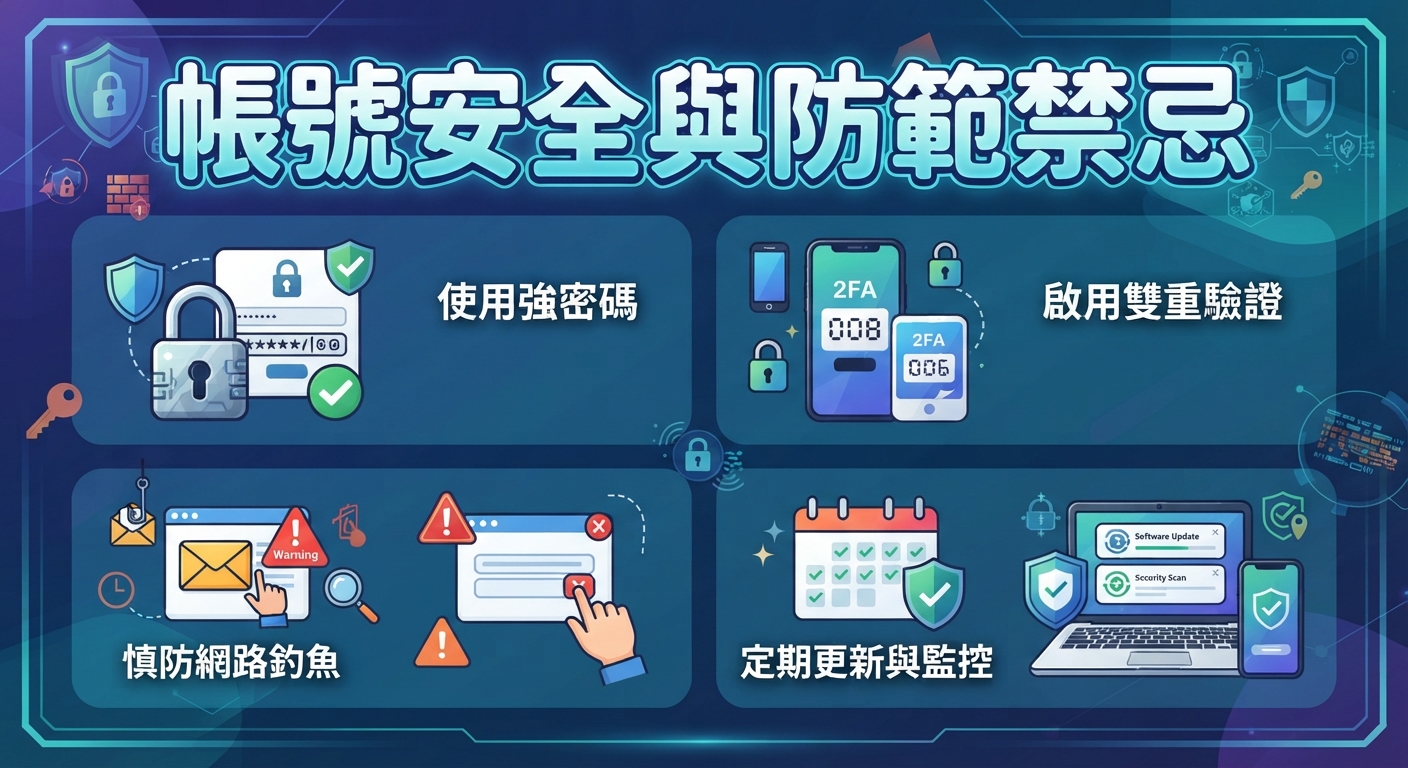 這是一張關於帳號安全與防範禁忌的資訊圖表。 圖中展示了使用強密碼、啟用雙重驗證、慎防網路釣魚以及定期更新與監控等安全重點。